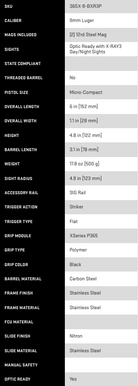 sig sauer p365x specs