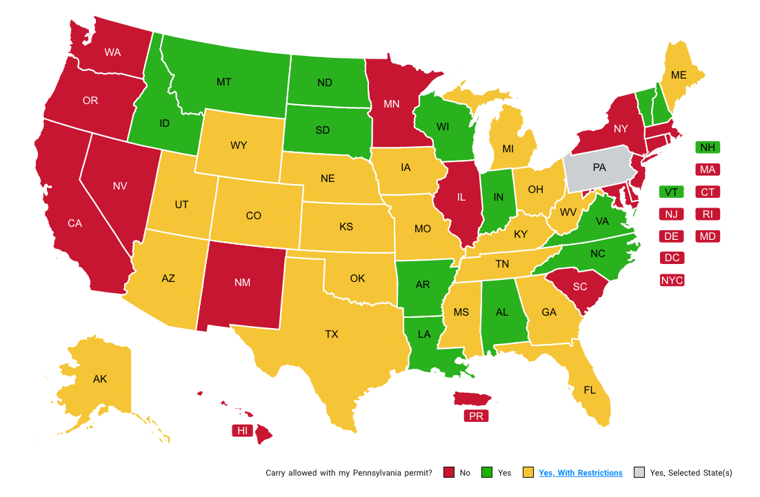 PA concealed carry permit reciprocity map